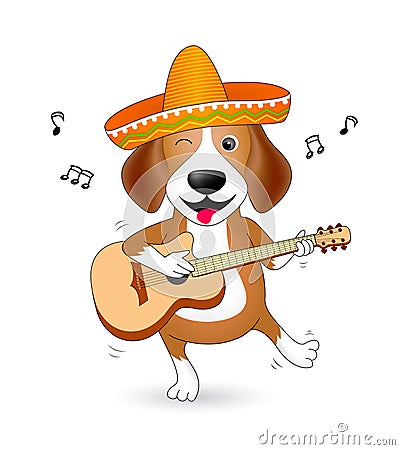 Funny cartoon dogs characters. Cute Beagle with Mexican hat playing guitar and dancing. Vector Illustration