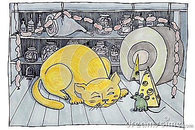 Funny cartoon drawing of a cat meeting with a mouse Stock Photo