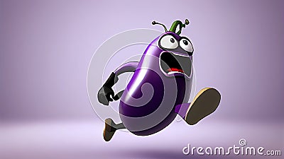 Funny cartoon eggplant running on purple background. Stock Photo