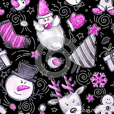 Funny cartoon elements and characters. Watercolor seamless greeting pattern. Cartoon Illustration