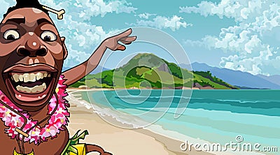 Cartoon emotional black papuan guy by the sea Vector Illustration