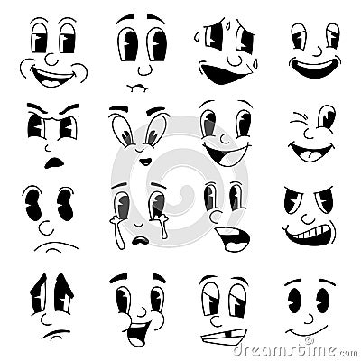 Funny cartoon emotions. Mascot faces from retro cartoons. 30s 40s 50s clipart characters. Angry or happy smiley Vector Illustration