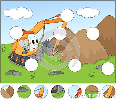 Funny cartoon excavator. Complete the puzzle and find the missing parts of the picture. Game for kids Vector Illustration