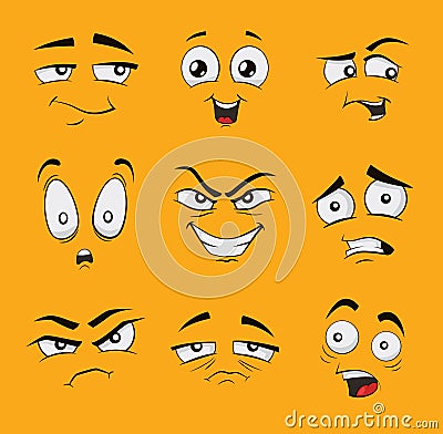 Funny cartoon faces with emotions. Vector Illustration