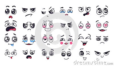 Funny cartoon faces. Face expressions, happy and sad mood. Laughing to tears face, smiling mouth and crying eyes. Doodle Vector Illustration