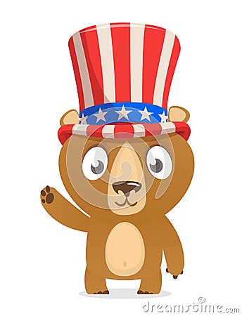 Funny cartoon fat bear wearing Uncle Sam hat. Grizzly character design for American Independence Day Vector Illustration