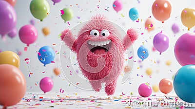 A funny cartoon fluffy character is having fun on the background of festive balloons. The concept of the holiday. 3d Cartoon Illustration