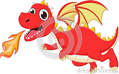 Funny cartoon flying dragon with fire Vector Illustration