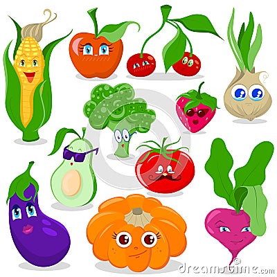 Funny cartoon fruit and vegetables vector set Vector Illustration