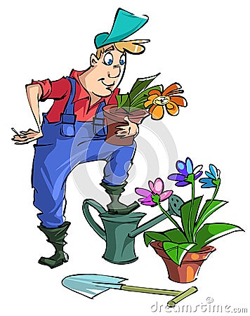 Funny cartoon Gardener planted flowers. A man and a flower come to life Vector Illustration