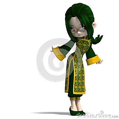 Funny cartoon girl in green china dress Stock Photo