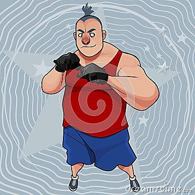 Funny cartoon gloomy man in gloves stands in a boxing stance Vector Illustration