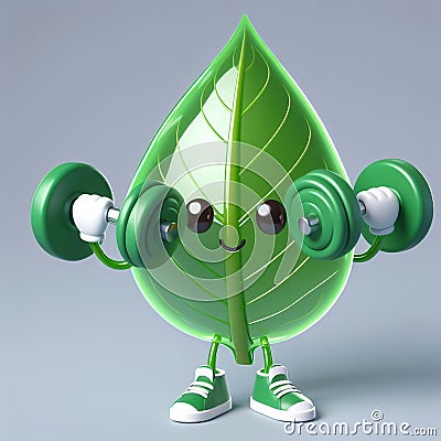 Funny cartoon of a green leaf with dumbbells. Preservation of the planet. Tree world Day. AI generated Stock Photo