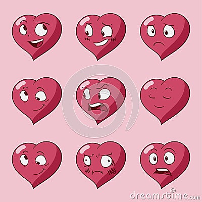 Funny cartoon heart character emotions set, St Valentines vector icons, isolated Stock Photo