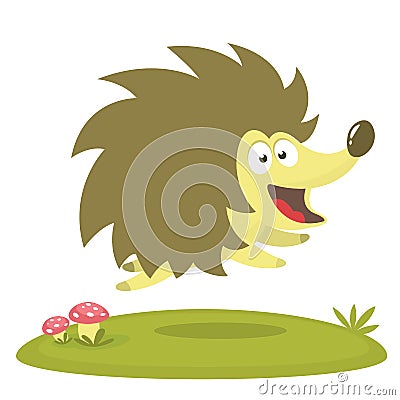 Funny cartoon hedgehog running on the meadow. Isolated. Vector illustration. Vector Illustration