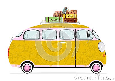 Funny cartoon hippie bus Vector Illustration