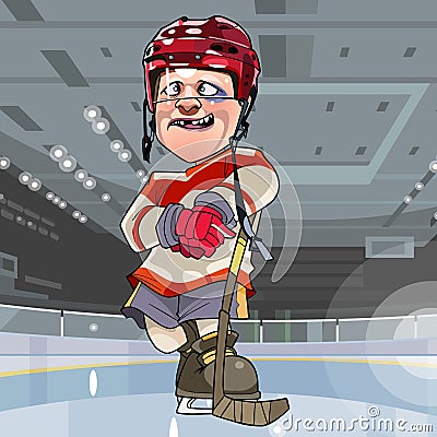 Funny cartoon hockey player with bruise under an eye standing on the ice Vector Illustration