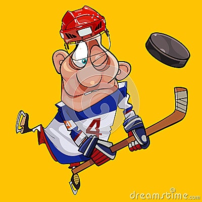 Funny cartoon hockey player with stick and puck Vector Illustration