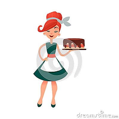 Funny cartoon housewife with cake. Happy vector homemaker with bakery product. Beautiful woman in old retro style. Young Vector Illustration