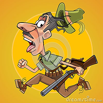 Funny cartoon hunter with gun runs away in fright Vector Illustration