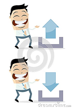 Funny cartoon illustration of an asian businessman with upload and download sign Vector Illustration