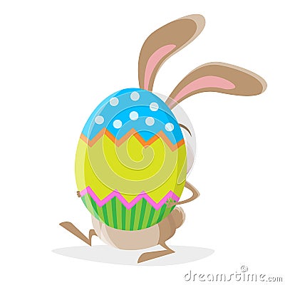 Funny cartoon illustration of a crazy rabbit with big easter egg Vector Illustration