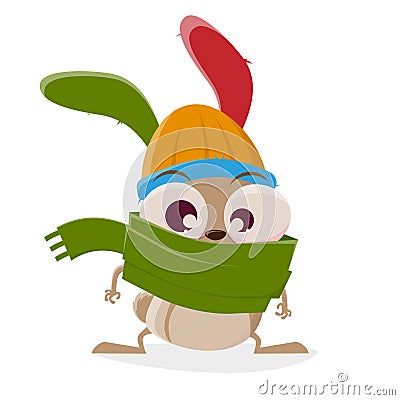 Funny cartoon illustration of a crazy rabbit with hat and scarf Vector Illustration