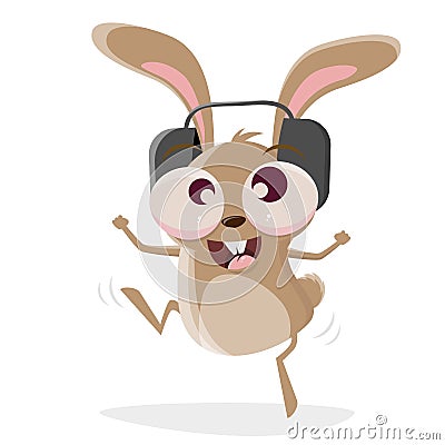 Funny cartoon illustration of a crazy rabbit with headphones Vector Illustration