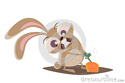 Funny cartoon illustration of a crazy rabbit pulling on a carrot Vector Illustration