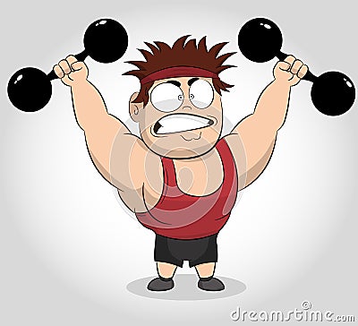 Funny Cartoon illustration of a muscular guy holding a dumbbells. Fit muscular man exercising with dumbbells. Vector Illustration