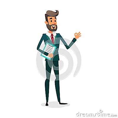 Funny cartoon investor showing ok sign. The manager is in a suit with a beard. Design for business vacancy. Vector Illustration