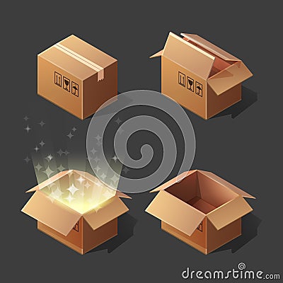 Funny cartoon isometric cardboard boxes opened and closed set. Vector Illustration