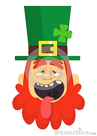 Funny Cartoon Leprechaun. Head with Red beard. Portrait for St. Patricks Day celebration in Ireland Vector Illustration