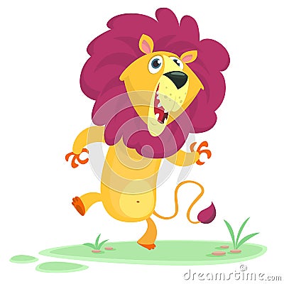 Funny cartoon lion dancing. Vector image isolated on simple Savannah background.. Vector Illustration