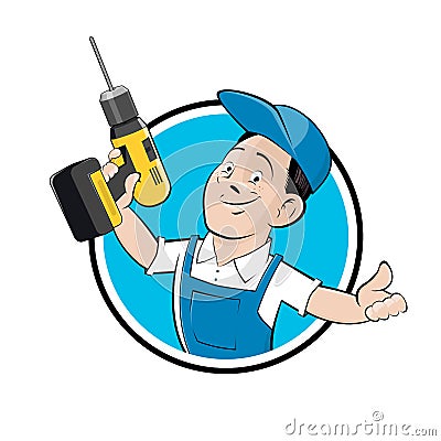 Funny cartoon logo of a craftsman with a drill Vector Illustration