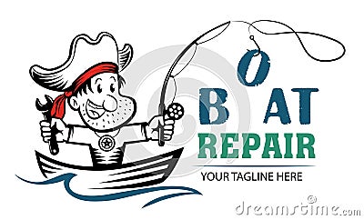 Funny cartoon logo of pirate holding wrench and fishing rod. Boat repair funny concept. Repairing Fishing Boats mascot Vector Illustration