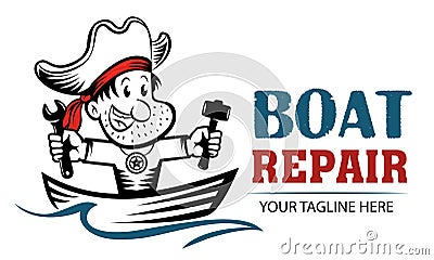 Funny cartoon logo of pirate holding wrench and hammer. Boat repair funny concept. Repairing Fishing Boats mascot Vector Illustration