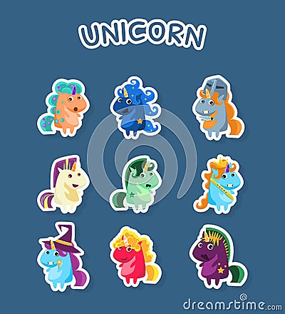 Funny Cartoon Magic Unicorns Stickers Set, Fashion Patch Badges with Cute Fantasy Animals on Blue Bacground Vector Vector Illustration