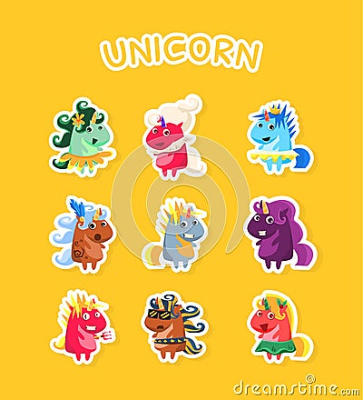 Funny Cartoon Magic Unicorns Stickers Set, Fashion Patch Badges with Smiling Fantasy Animals on Yellow Bacground Vector Vector Illustration