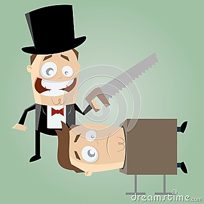 Funny cartoon magician with a saw Vector Illustration