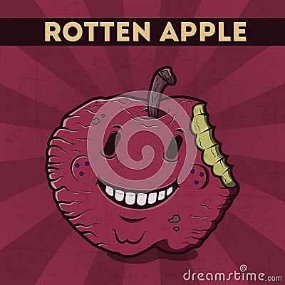 Funny, cartoon, malicious, violet monster apple, on the scratchy retro background. Vector illustration. Halloween card. Rotten app Cartoon Illustration