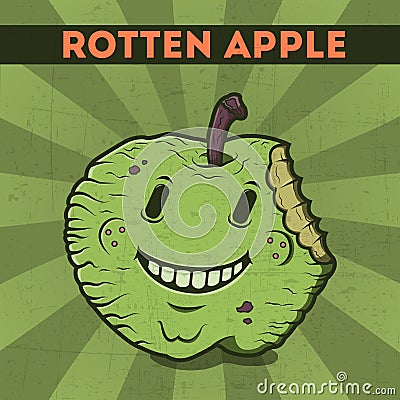 Funny, cartoon, malicious, violet monster apple, on the scratchy retro background. Vector illustration. Halloween card. Rotten app Cartoon Illustration