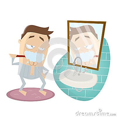 Funny cartoon man brushing his teeth Vector Illustration