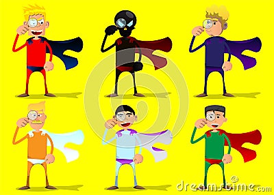 Man dressed as a superhero holding a magnifying glass. Vector Illustration