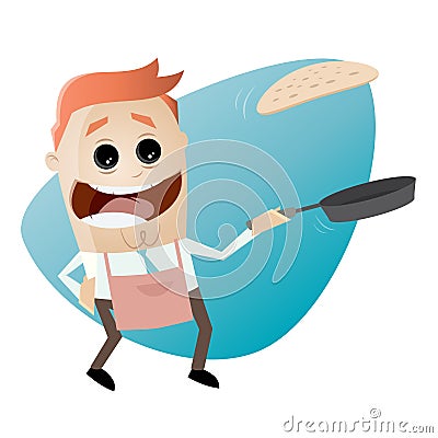 Funny cartoon man flipping a pancake Vector Illustration