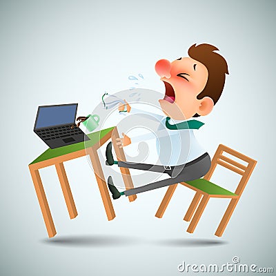 Funny cartoon man is sick and sneezes in the workplace Vector Illustration