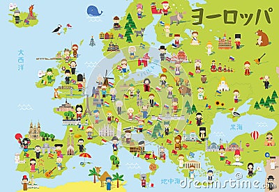 Funny cartoon map of Europe in japanese with childrens of different nationalities, representative monuments, animals and objects Vector Illustration