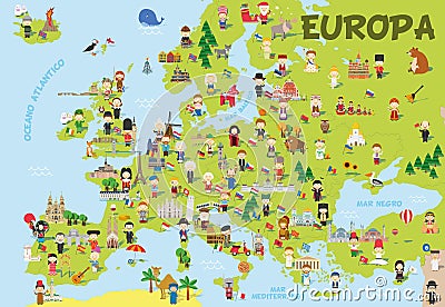 Funny cartoon map of Europe in spanish with childrens of different nationalities, representative monuments, animals and objects Vector Illustration
