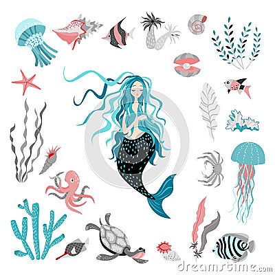 Funny cartoon mermaid surrounded by tropical fish, animal, seaweed and corals. Fairy tale character. Sea life. Vector Illustration