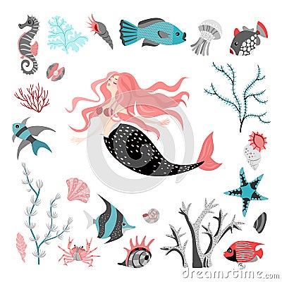 Funny cartoon mermaid surrounded by tropical fish, animal, seaweed and corals. Sea life. Vector Illustration